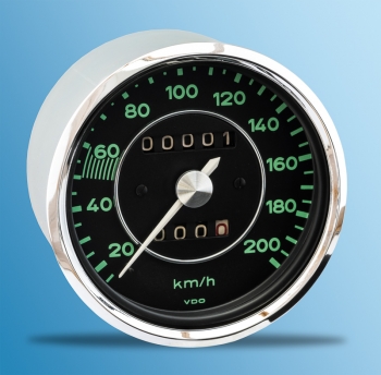 speedometer, for Porsche 356 A-B T/5, 56-62, central shaft, 200 km/h, New in Exchange, deposit 416,50 Euro (incl. VAT.)  64474110103