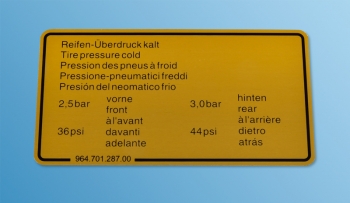 Reifendruck Aufkleber für Porsche 993  96470128700