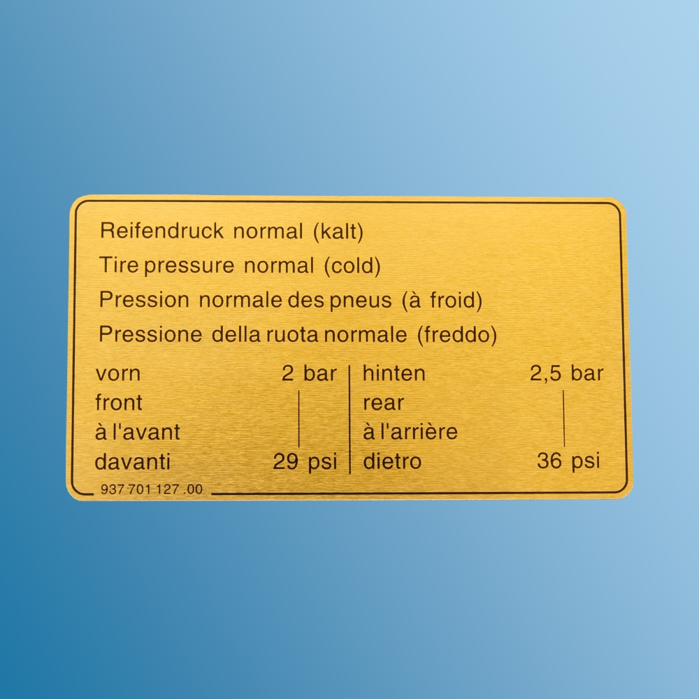 Motorraumaufkleber Reifendruck  für Porsche 911  93770112700